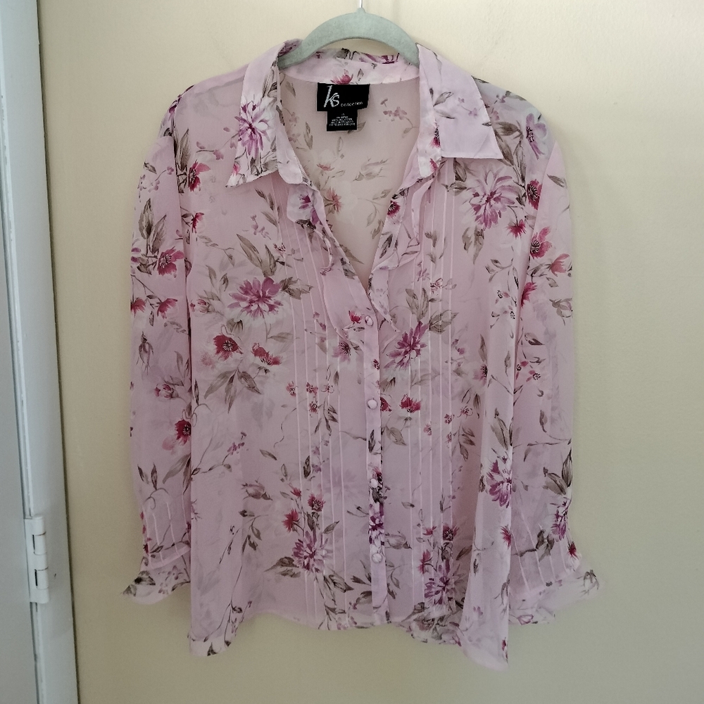 KS Collection 18 Button Up Sheer Floral Pink Blouse Vacation Feminine Light Airy